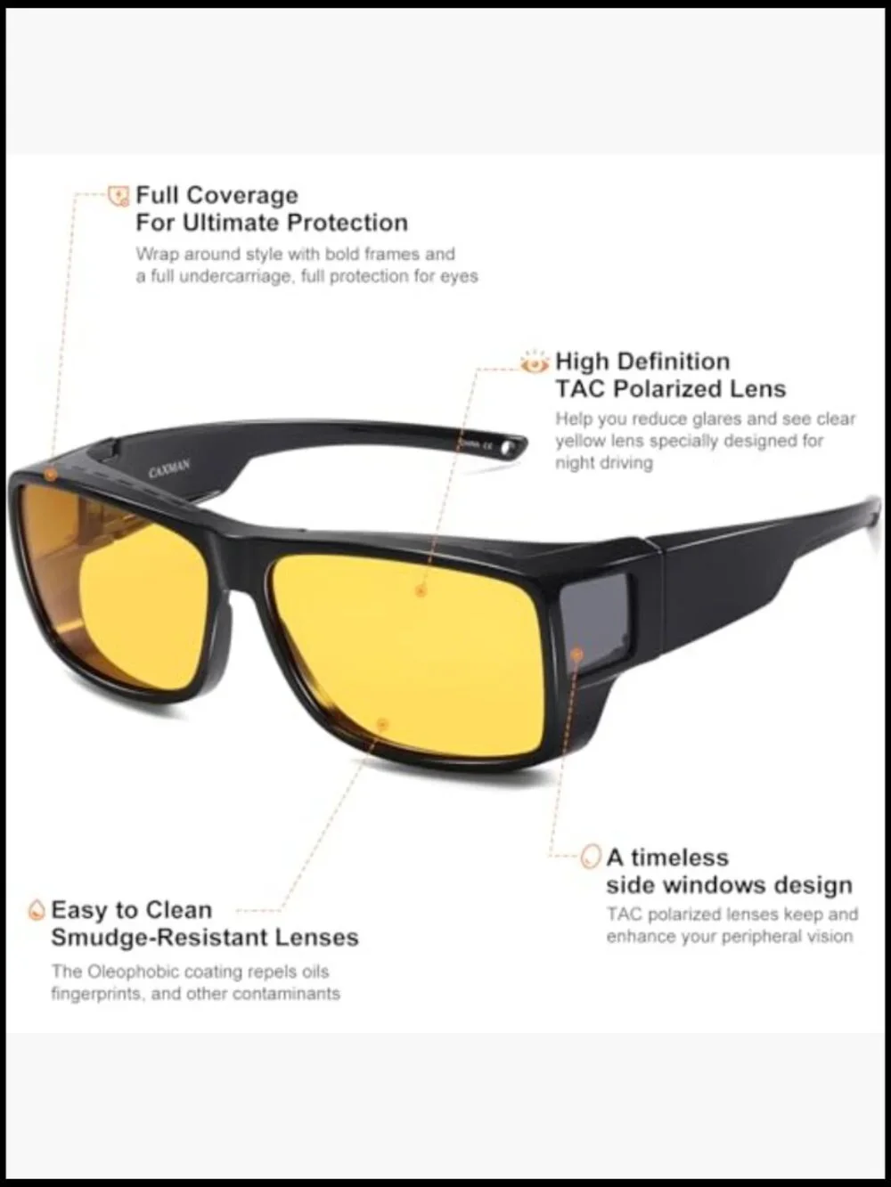 Night Driving Glasses HD Polarized Anti Glare Yellow Tint Wrap Around Fit Over
